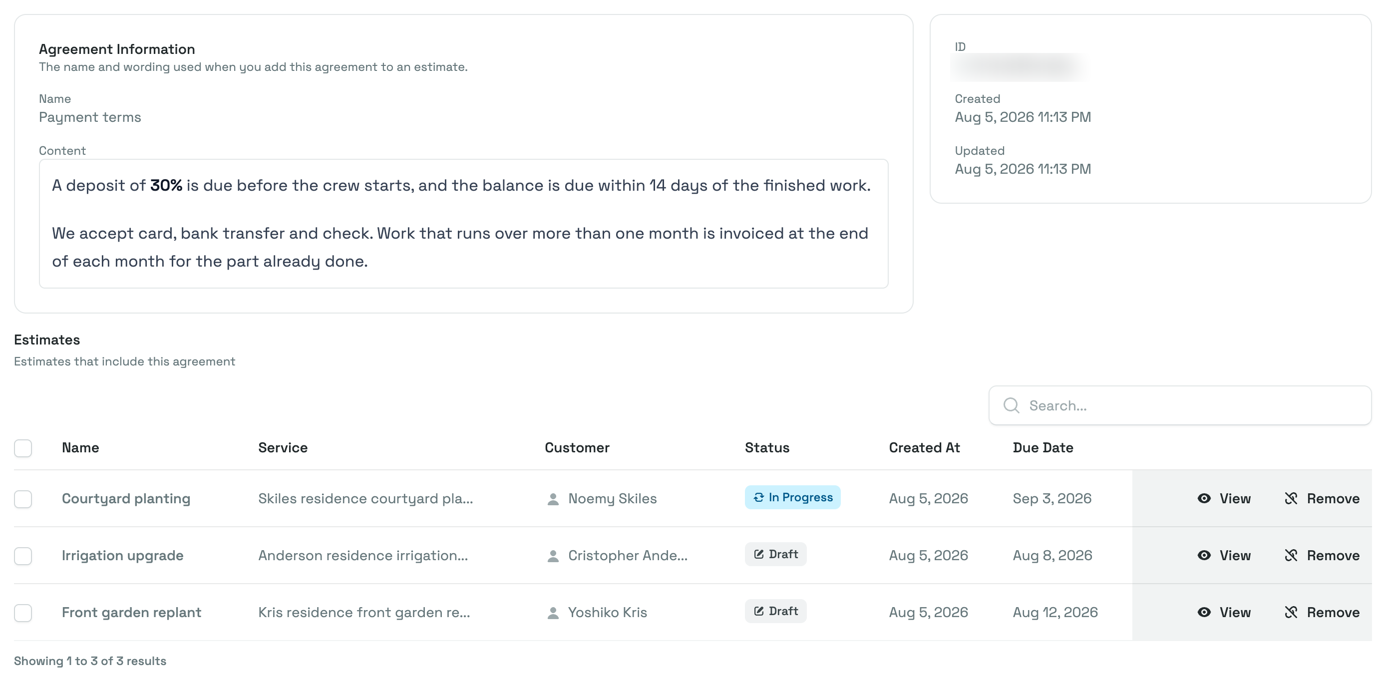 An agreement's own page, with the Agreement Information card above the Estimates that include this agreement
