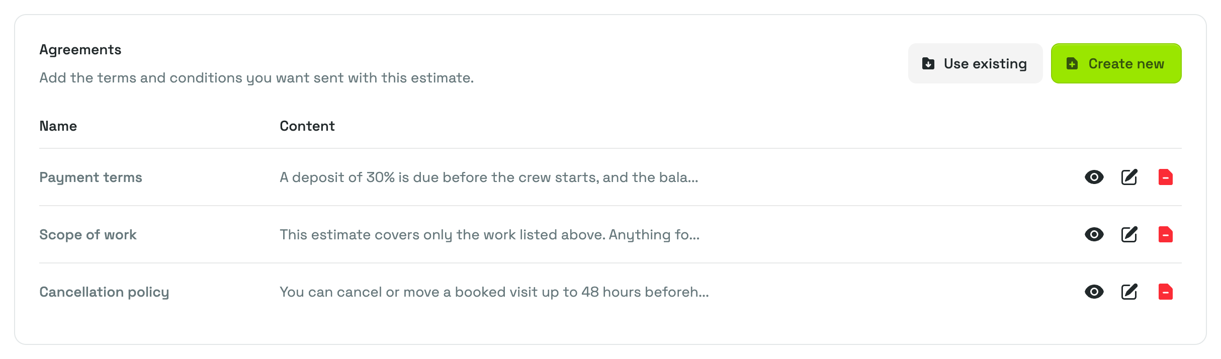 The Agreements card on the Adjust Estimate page, listing three agreements with the Use existing and Create new buttons above them