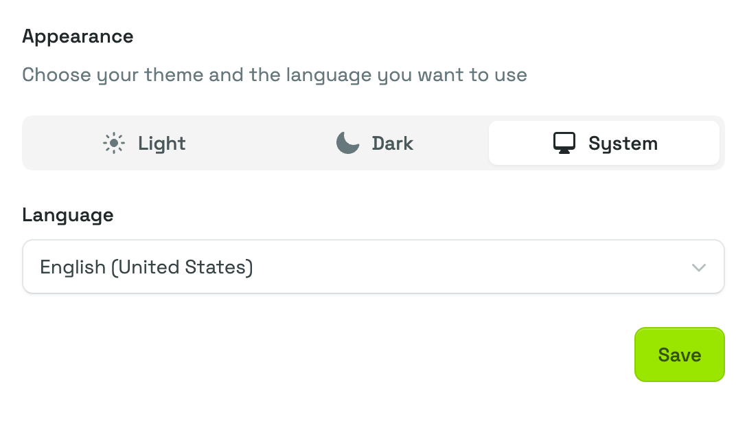The Appearance settings page, with the Light, Dark and System theme selector, the Language list and the Save button