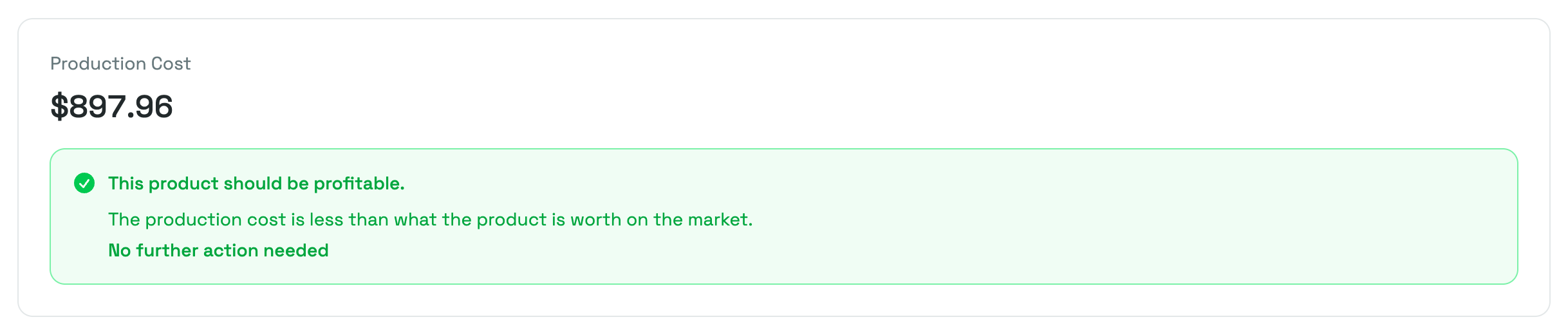 The Production Cost card on the Adjust Product page, showing the amount and a green assessment reading “This product should be profitable.”