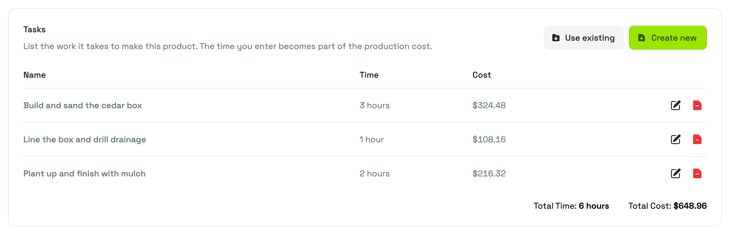 The Tasks card on the Adjust Product page, listing each task with its Time and Cost, and the Total Time and Total Cost underneath.
