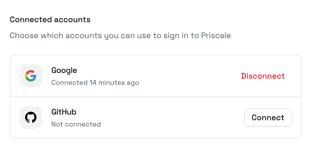 The Connected accounts list, with Google connected and GitHub showing Not connected