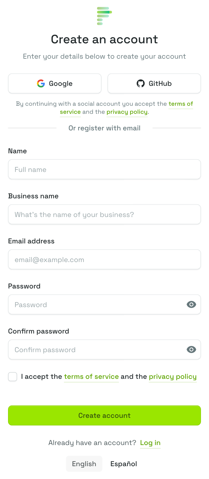 The Create an account form, with the social sign-up buttons above the name, business name, email and password fields, the "Already have an account? Log in" line, and the English | Español language switcher below the card