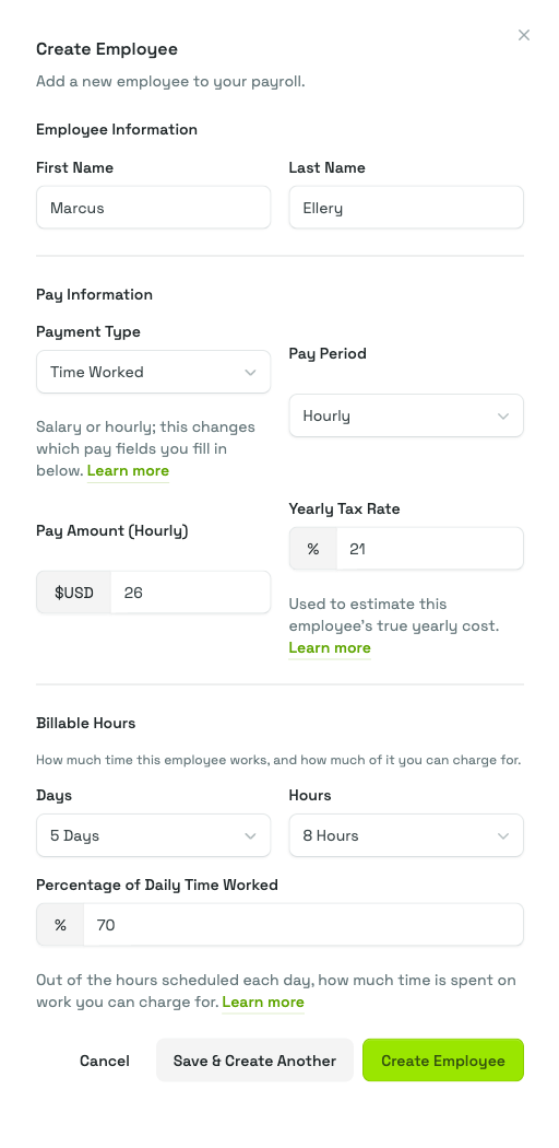 The Create Employee panel filled in for a Time Worked employee: Payment Type, Pay Period, Pay Amount and Yearly Tax Rate under Pay Information, and Days, Hours and Percentage of Daily Time Worked under Billable Hours.