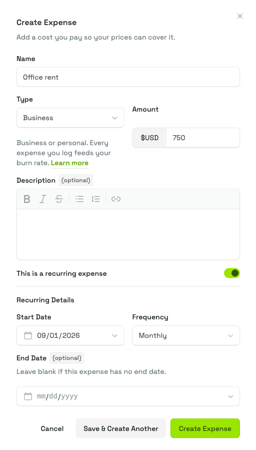 The Create Expense panel with a name and amount filled in, the Type set to Business, the "This is a recurring expense" switch turned on, and the Recurring Details section showing a Start Date and a Monthly frequency.