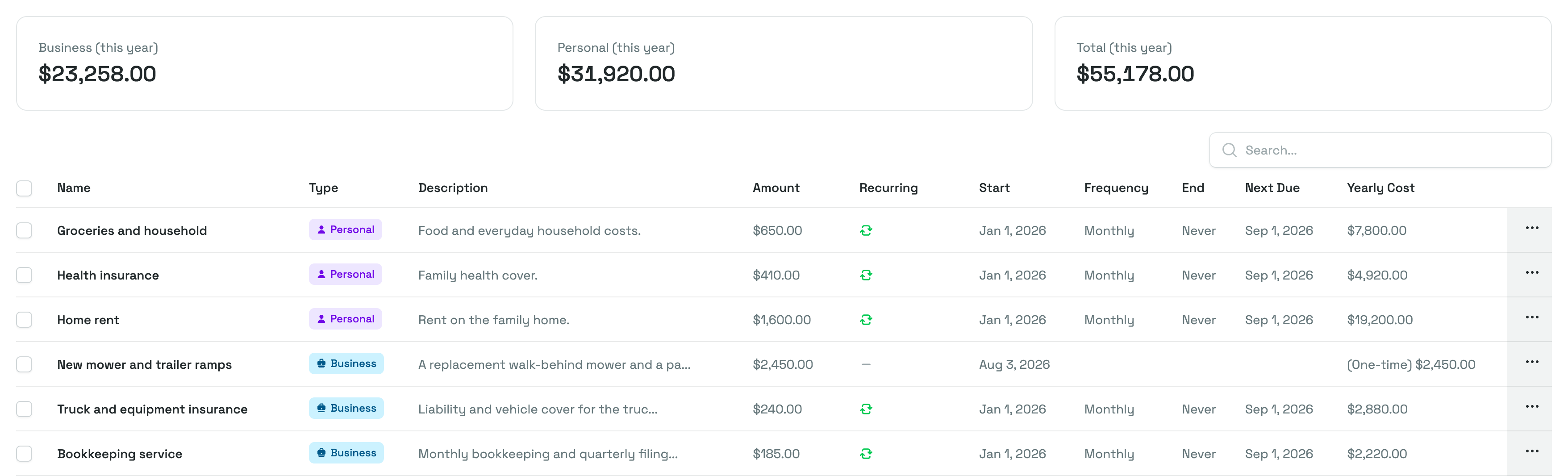 The Expenses page showing the Business, Personal and Total figures for this year above a table of expenses with Personal and Business badges, a Recurring column marking which ones repeat, and a Yearly Cost column that reads (One-time) for the expense that does not.