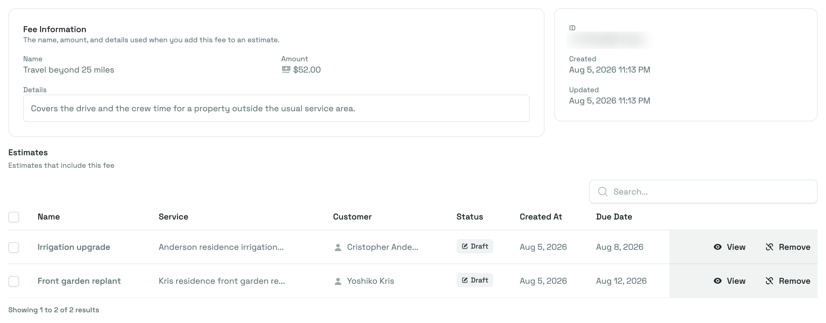 A fee's own page, with the Fee Information card above the Estimates table listing the estimates that include the fee