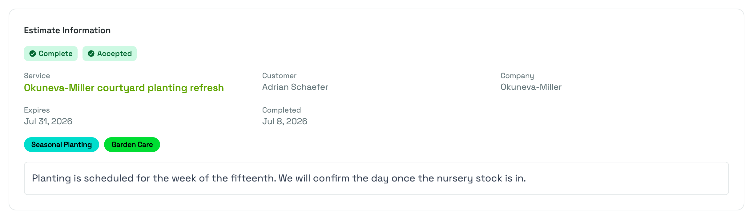 The Estimate Information card on the View Estimate page, with the Complete and Accepted badges, the linked Service, the Customer and Company, and the Expires and Completed dates.