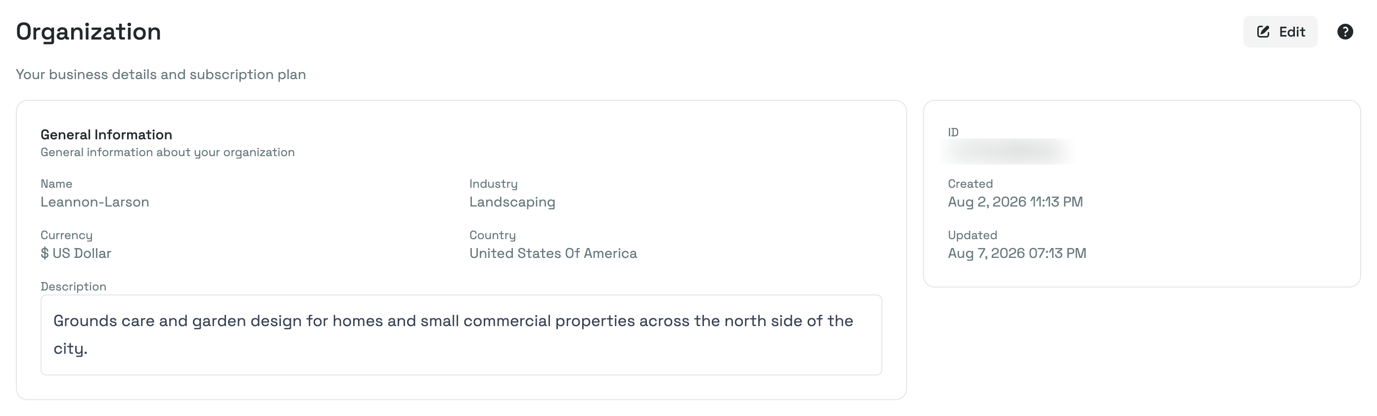 The Organization page's General Information card, with the business Name, Industry, Currency, Country and Description, and the Edit button above it