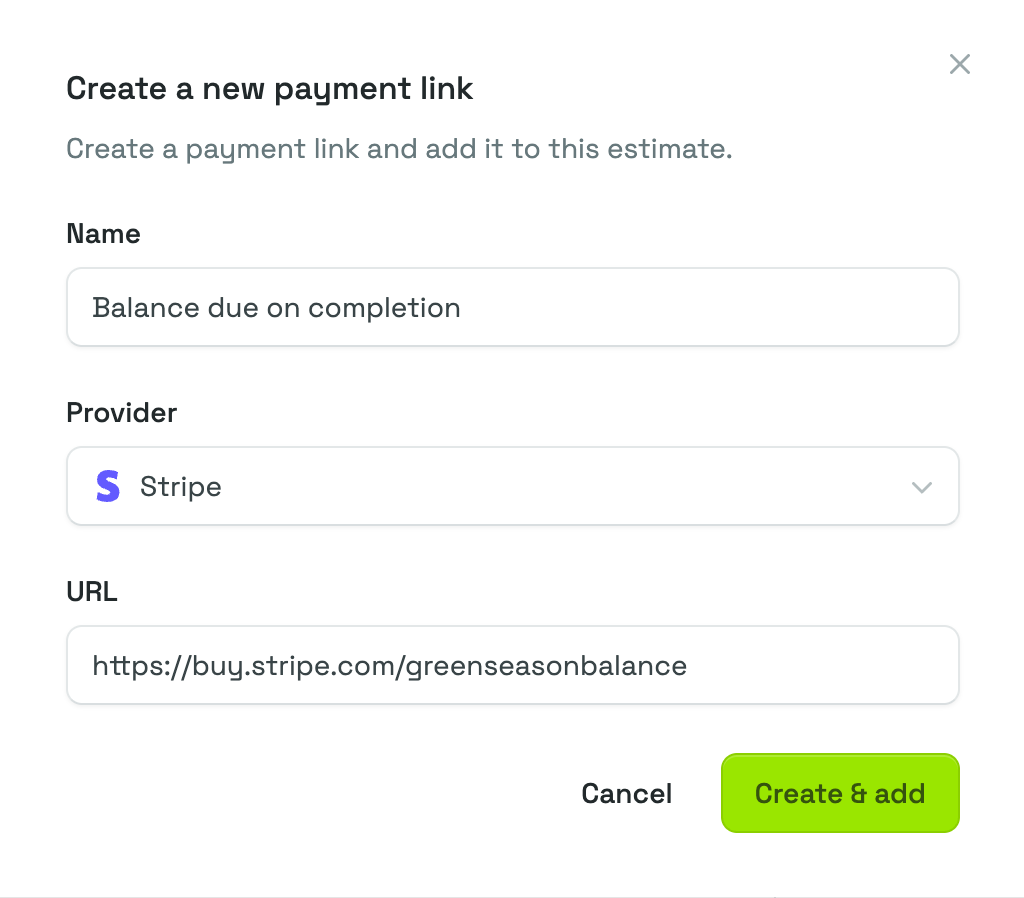 The Create a new payment link flyout with a Name, Stripe selected as the Provider, a Stripe address in the URL field, and the Create & add button.