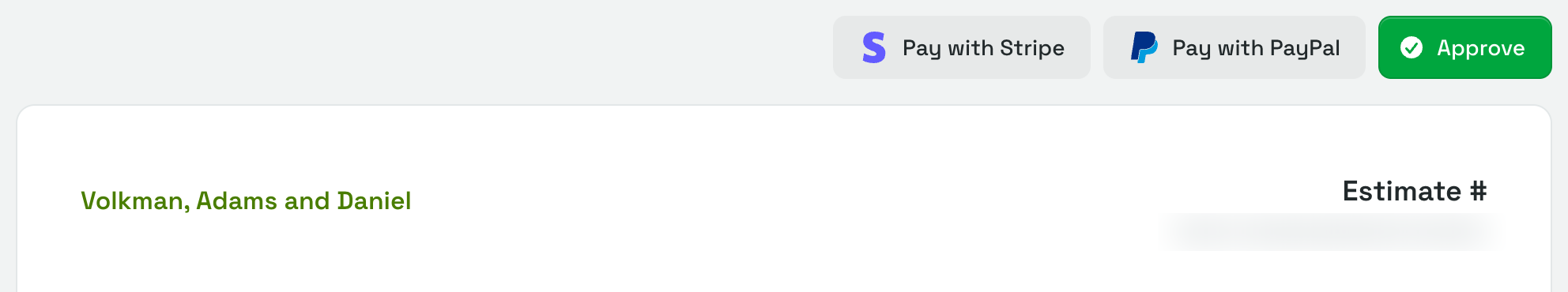 The customer review page with Pay with Stripe, Pay with PayPal, and Approve buttons above the estimate document.