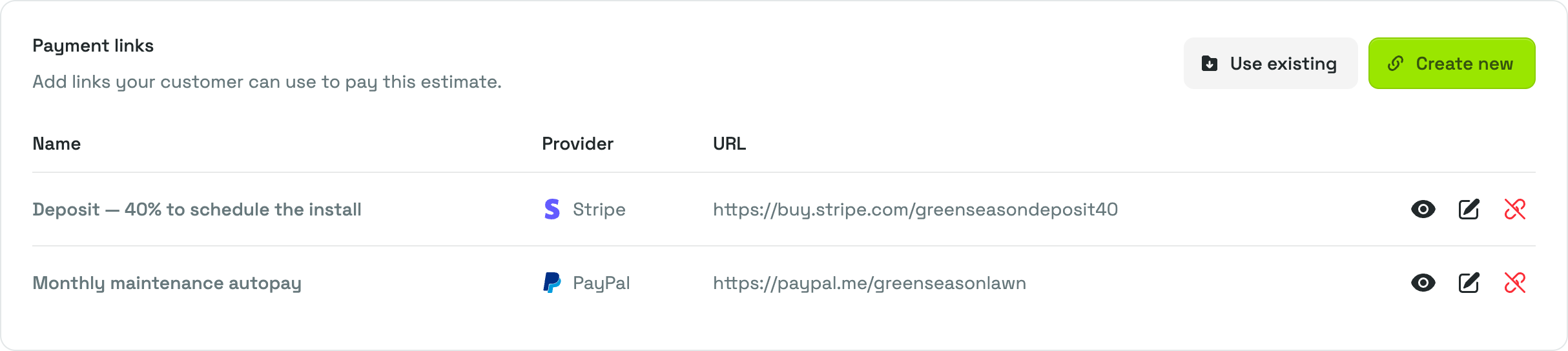 The Payment links card on the Adjust Estimate page, listing a Stripe and a PayPal link with their Name, Provider, and URL columns and the Use existing and Create new buttons above them.