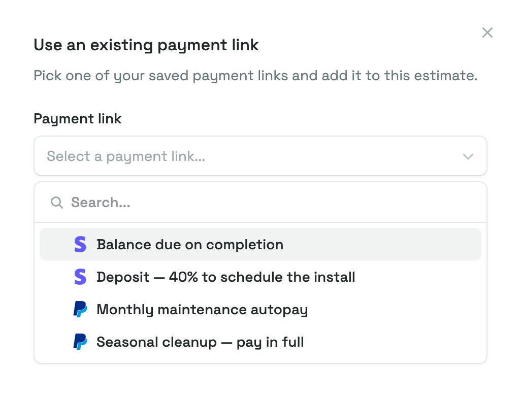 The Use an existing payment link flyout with the picker open, listing four saved payment links with their Stripe and PayPal icons.