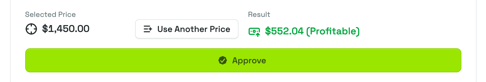 Selected Price and a profitable Result side by side on a planned product, with the Approve button beneath them.