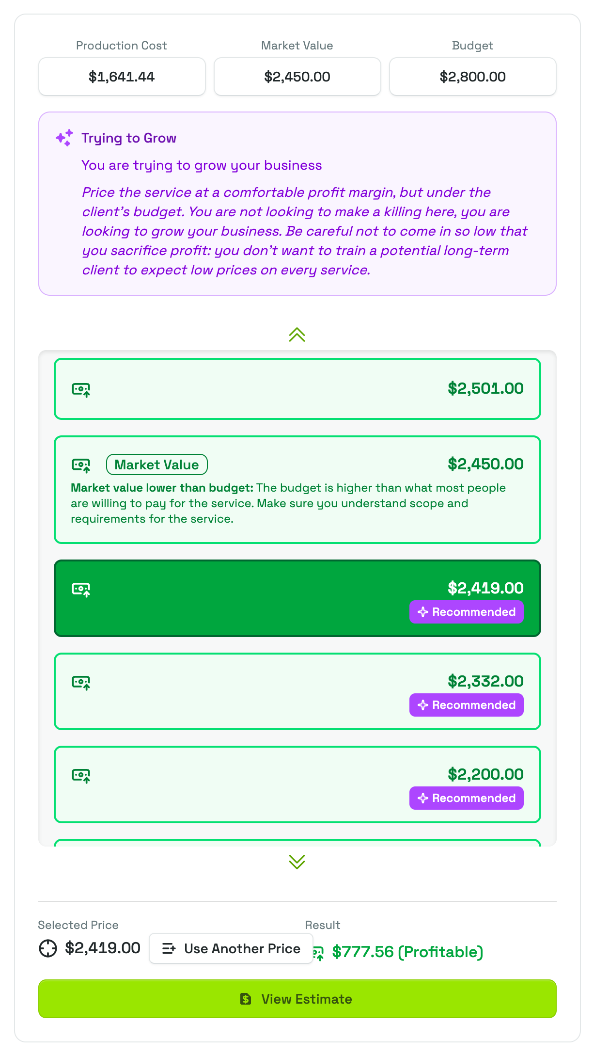 The pricing spectrum card with the Production Cost, Market Value and Budget buttons, the recommendation for the chosen situation, and a price list where one Recommended price is selected, with the Selected Price and Result underneath
