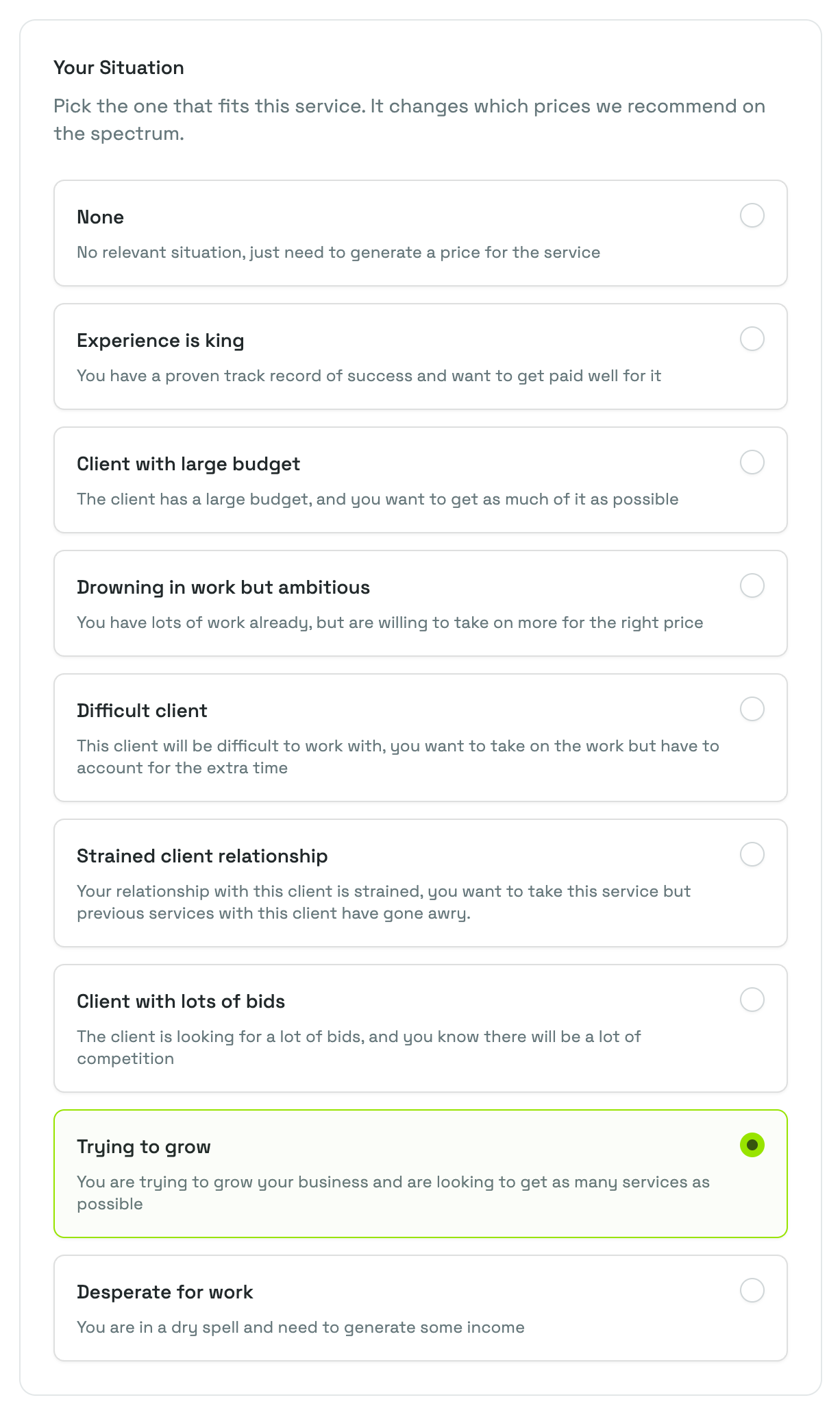 The Your Situation card listing every situation with its description, with Trying to grow selected