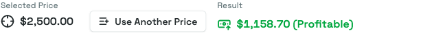 Selected Price of $2,500.00 with the Use Another Price button, beside a Result of $1,158.70 marked Profitable