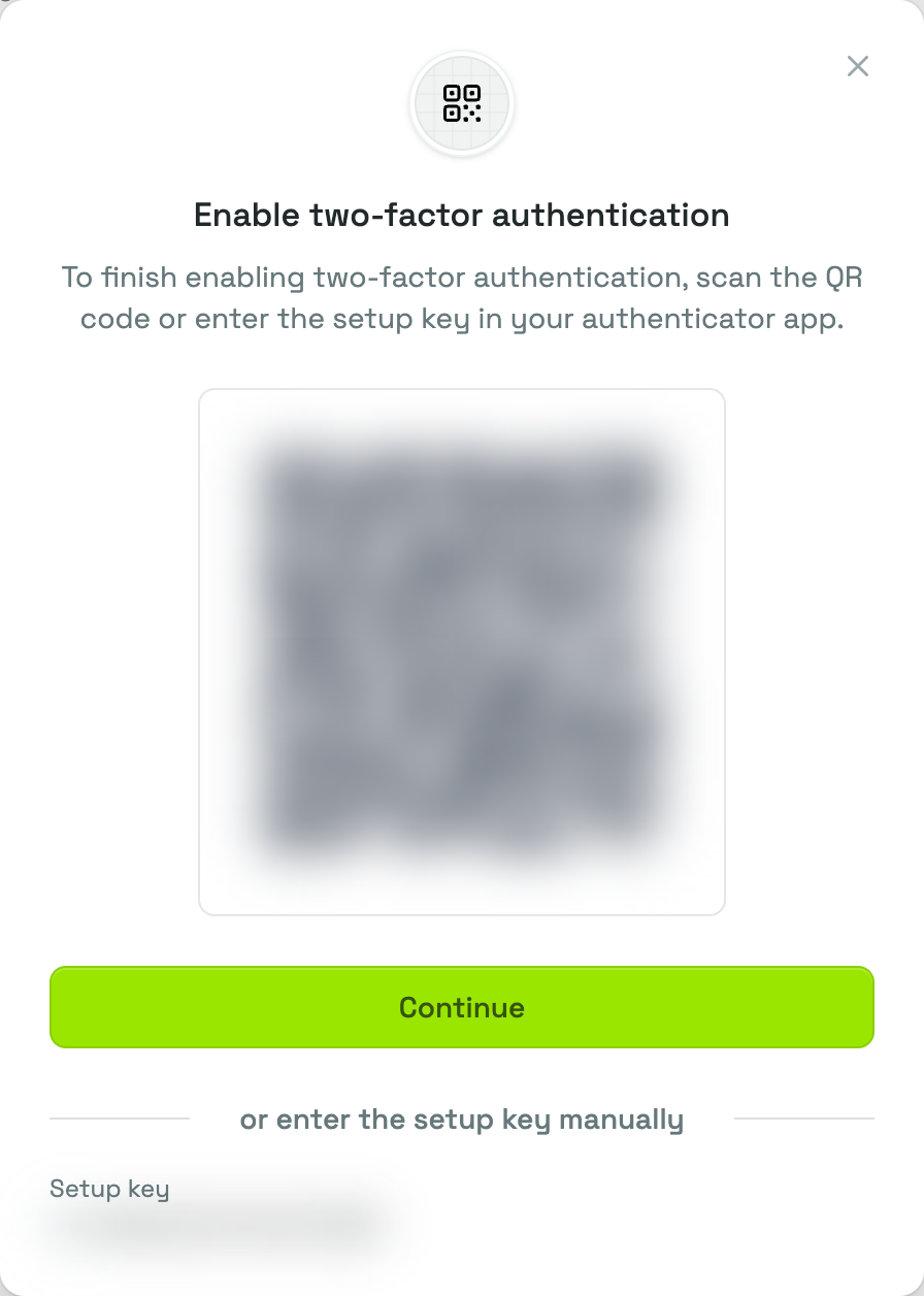 The Enable two-factor authentication window, with the QR code, the Continue button and the Setup key below the separator
