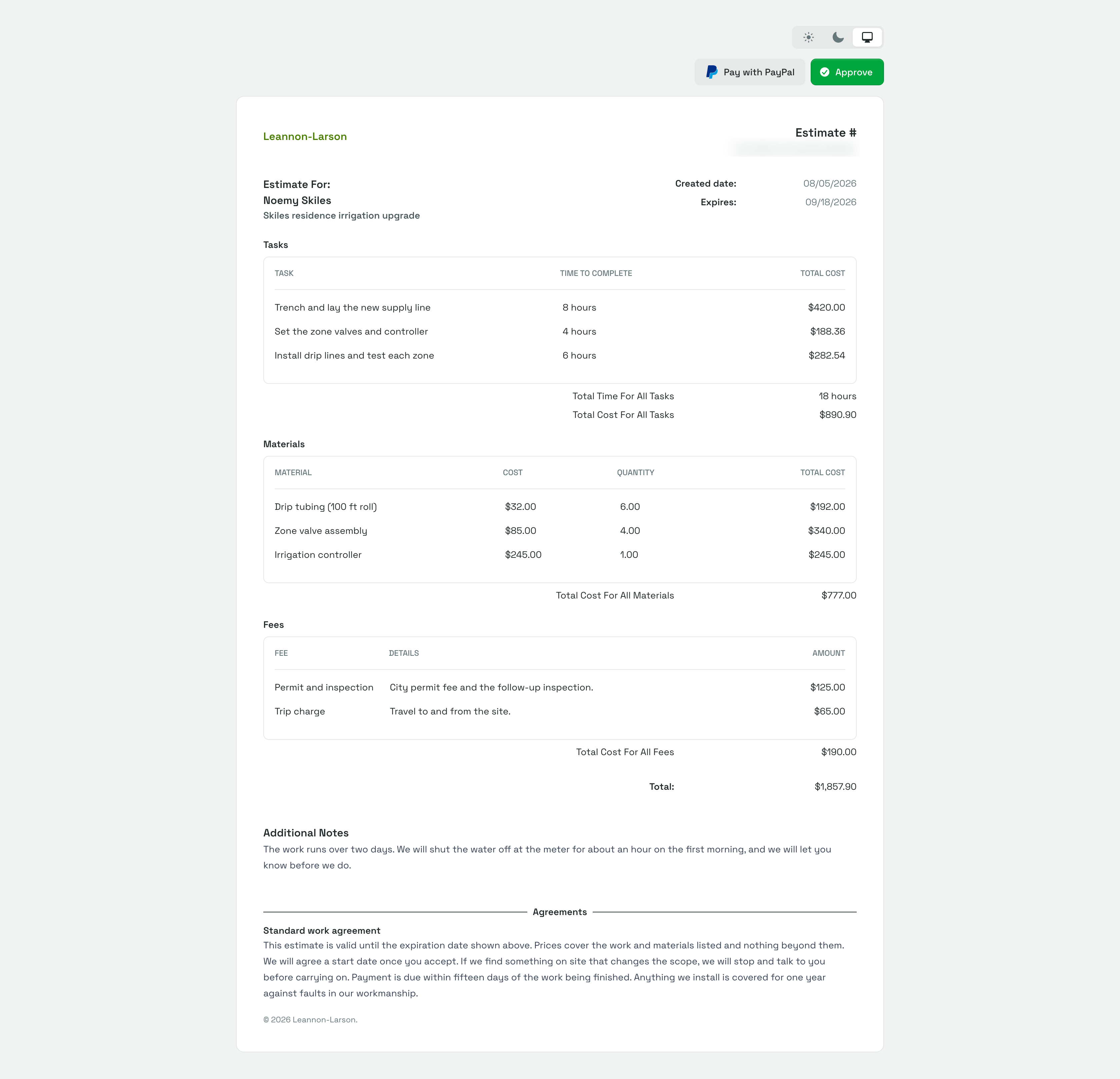 The review page a recipient sees, with the Approve and Pay with PayPal buttons above the estimate showing its tasks, materials, fees, notes, and agreement.