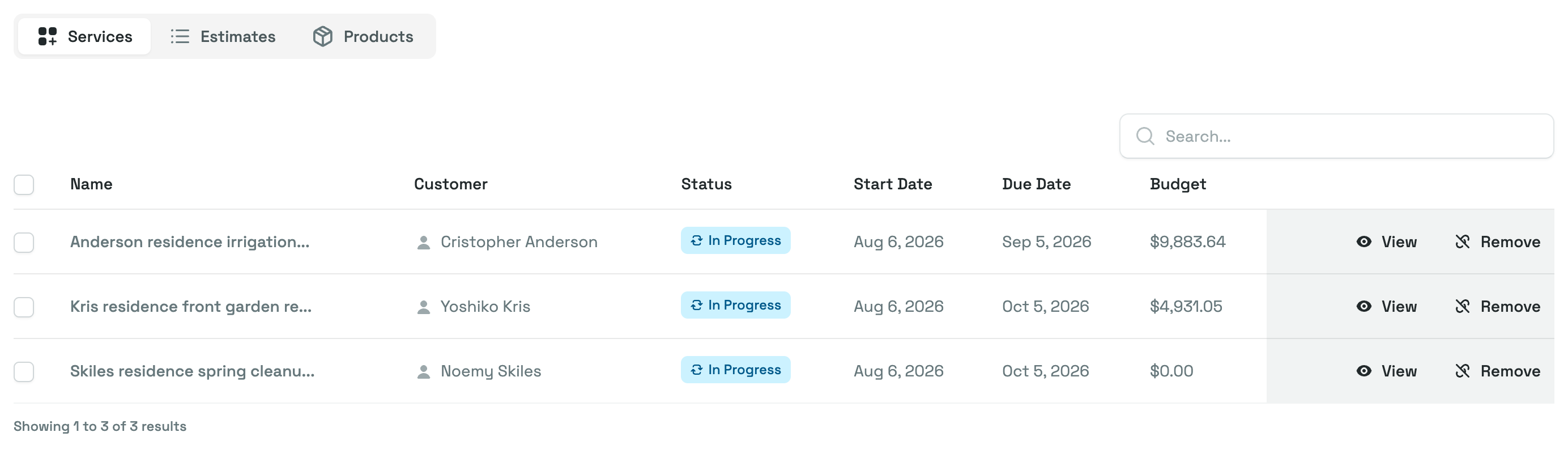 A saved task's own page with the Services tab selected, listing the services that use the task