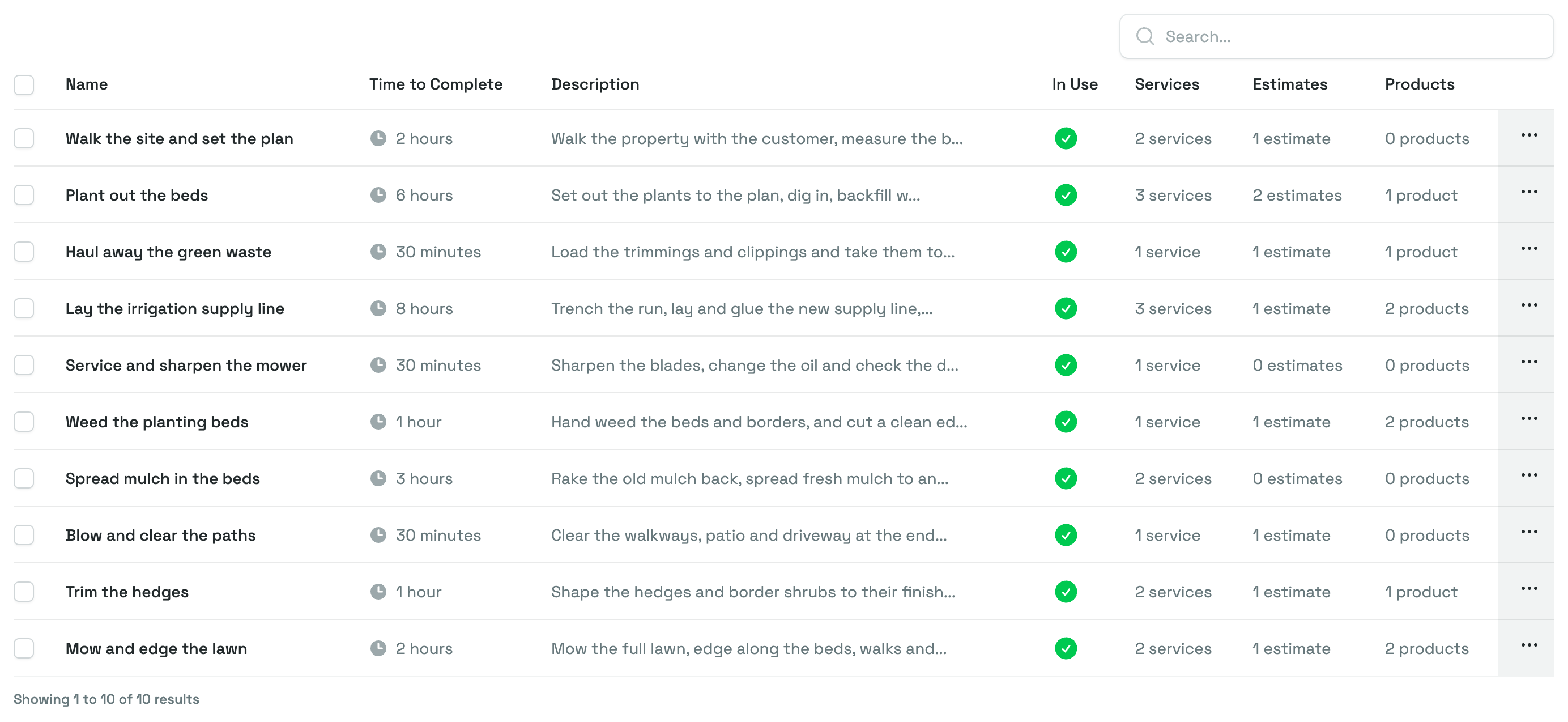 The Tasks list, showing each saved task with its Time to Complete, Description, In Use state and how many services, estimates and products it is on