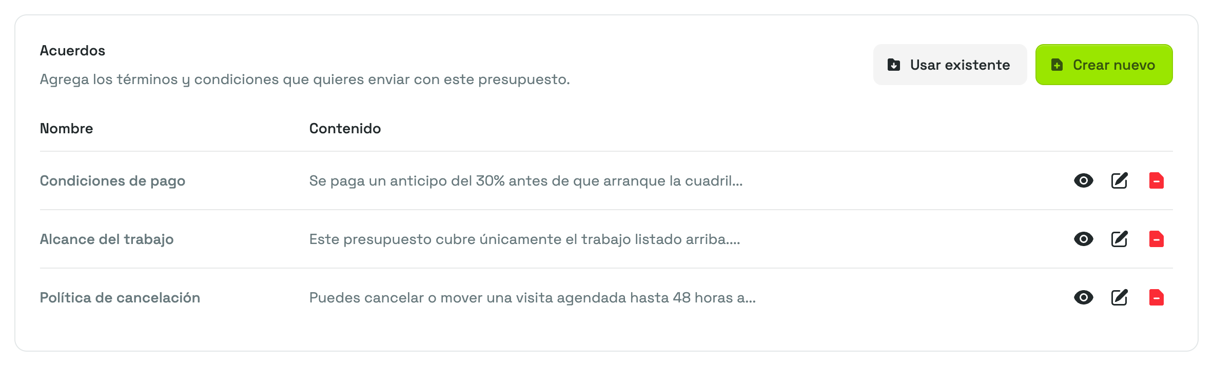 La tarjeta Acuerdos en la página Ajustar presupuesto, con tres acuerdos en la lista y los botones Usar existente y Crear nuevo arriba