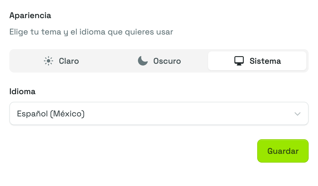 La página de Apariencia, con el selector de tema Claro, Oscuro y Sistema, la lista de Idioma y el botón Guardar