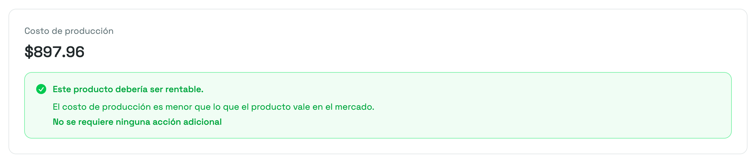 La tarjeta Costo de producción en la página Ajustar producto, con el monto y una evaluación verde que dice “Este producto debería ser rentable.”