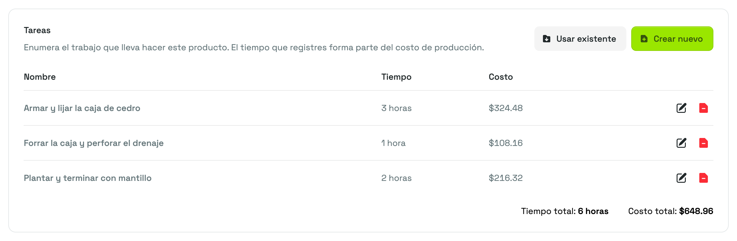 La tarjeta Tareas en la página Ajustar producto, con cada tarea, su Tiempo y su Costo, y el Tiempo total y el Costo total debajo.