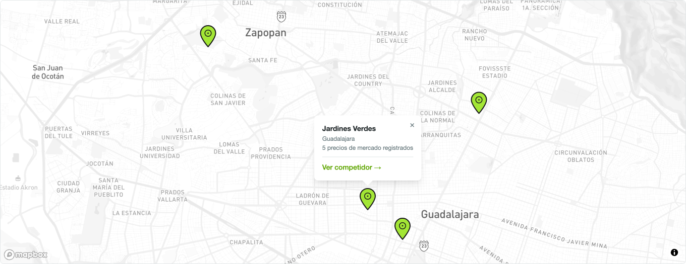 El mapa de competidores con cuatro pines repartidos por la ciudad y el panel de uno abierto, donde se ven el nombre del competidor, su ciudad, cuántos precios de mercado tiene registrados y el enlace Ver competidor.