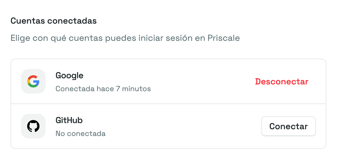 La lista de Cuentas conectadas, con Google conectada y GitHub en No conectada