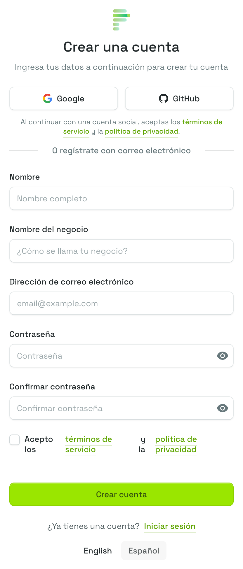Formulario "Crear una cuenta" en la página de registro (interfaz en español), con los botones de registro social, el separador "O regístrate con correo electrónico", los cinco campos, el botón "Crear cuenta", la línea "¿Ya tienes una cuenta? Iniciar sesión" y el selector de idioma English | Español debajo de la tarjeta