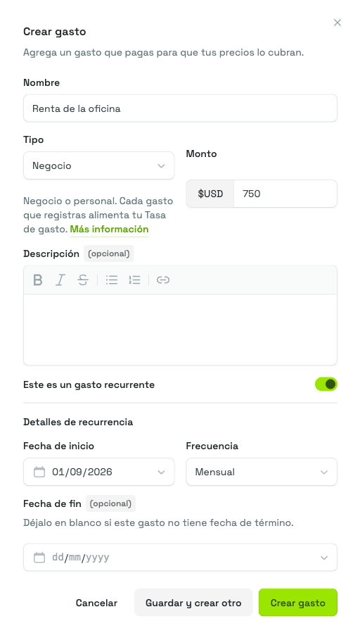 El panel Crear gasto con un nombre y un monto capturados, el Tipo en Negocio, el interruptor "Este es un gasto recurrente" activado y la sección Detalles de recurrencia con una Fecha de inicio y frecuencia Mensual.
