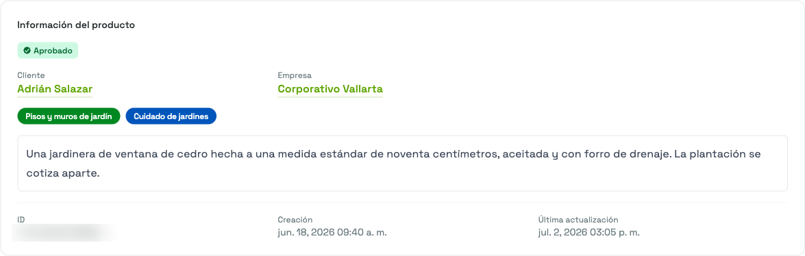 La tarjeta de Información del producto en la página Ver producto, con la insignia Aprobado, los enlaces de Cliente y Empresa, y las etiquetas del producto.