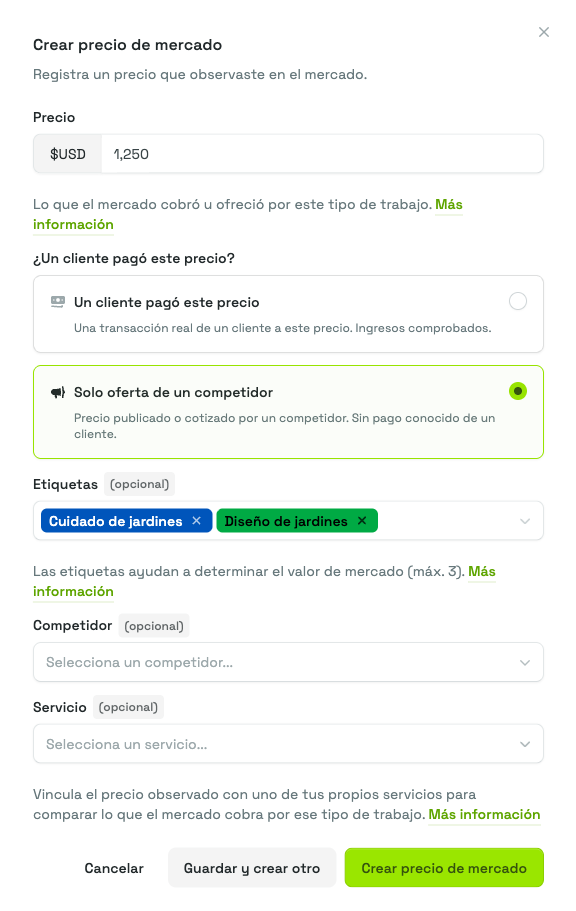 El panel Crear precio de mercado con un precio capturado, las dos opciones de "¿Un cliente pagó este precio?" a la vista con Solo oferta de un competidor seleccionada, y dos etiquetas elegidas en el campo Etiquetas.