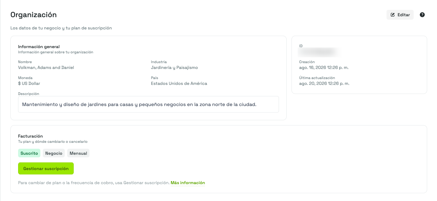 La tarjeta Información general de la página Organización, con el Nombre, la Industria, la Moneda, el País y la Descripción del negocio, y el botón Editar arriba