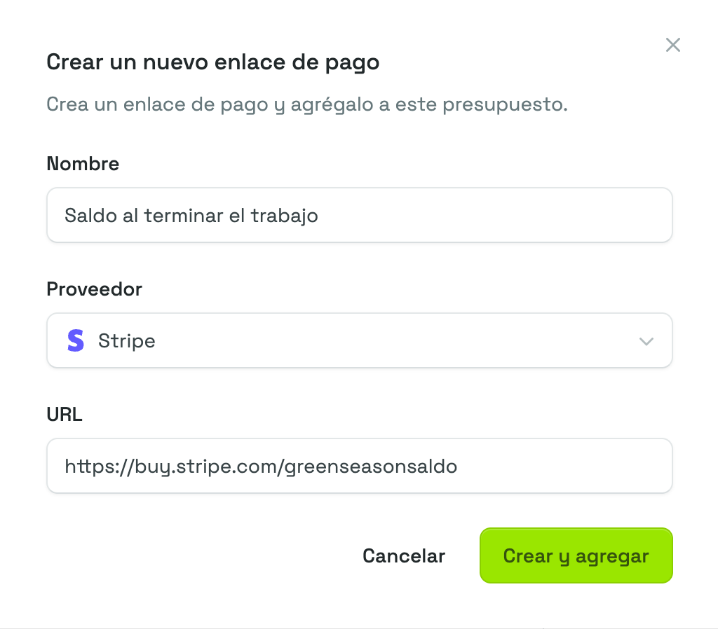 El panel Crear un nuevo enlace de pago con un Nombre, Stripe elegido como Proveedor, una dirección de Stripe en el campo URL y el botón Crear y agregar.