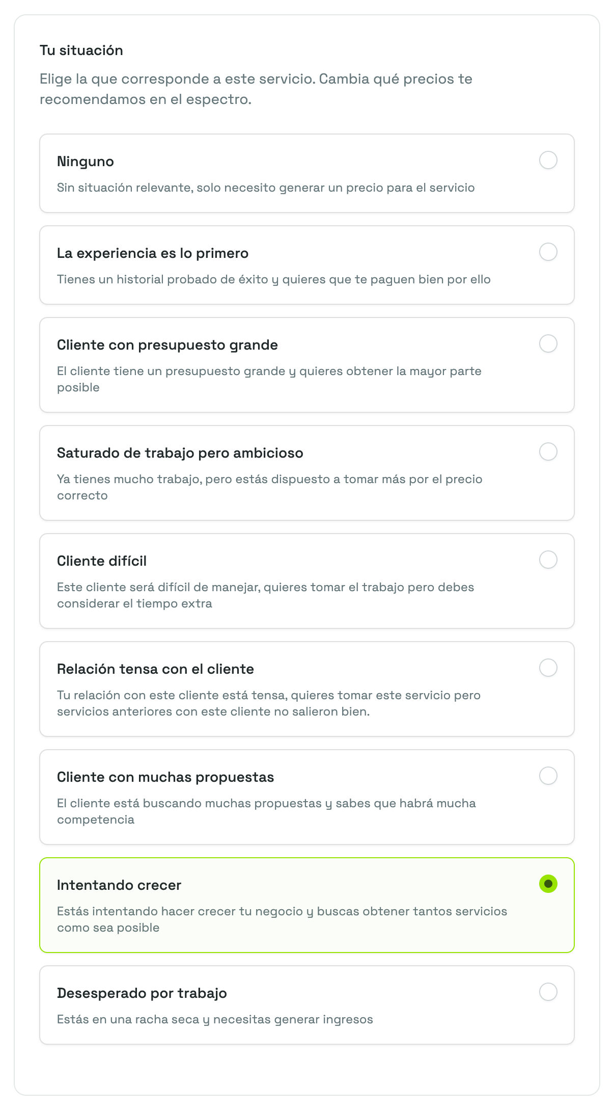 La tarjeta Tu situación con todas las situaciones y sus descripciones, con Intentando crecer seleccionada