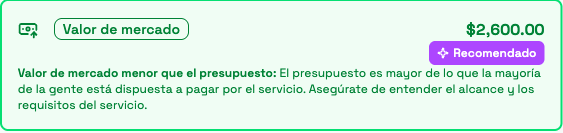 El escalón de Valor de mercado, en verde y con la etiqueta Recomendado, con la advertencia de valor de mercado menor que el presupuesto