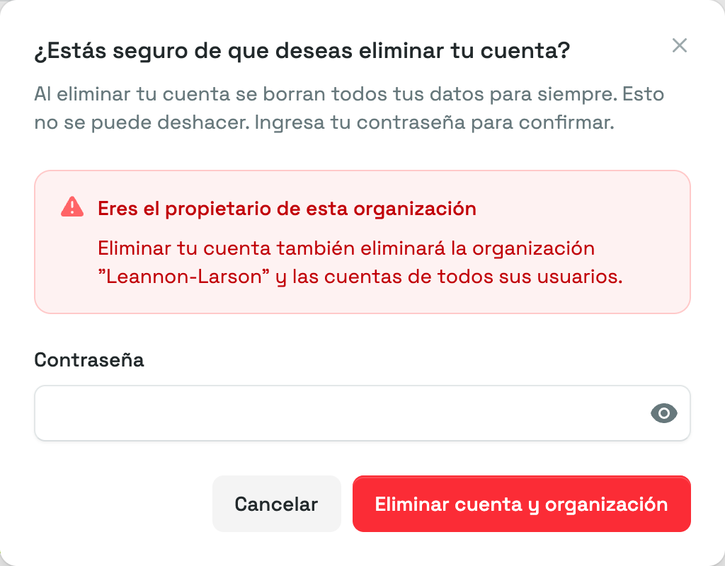 La ventana de confirmación para eliminar la cuenta, con la advertencia de propietario que nombra la organización y el botón Eliminar cuenta y organización