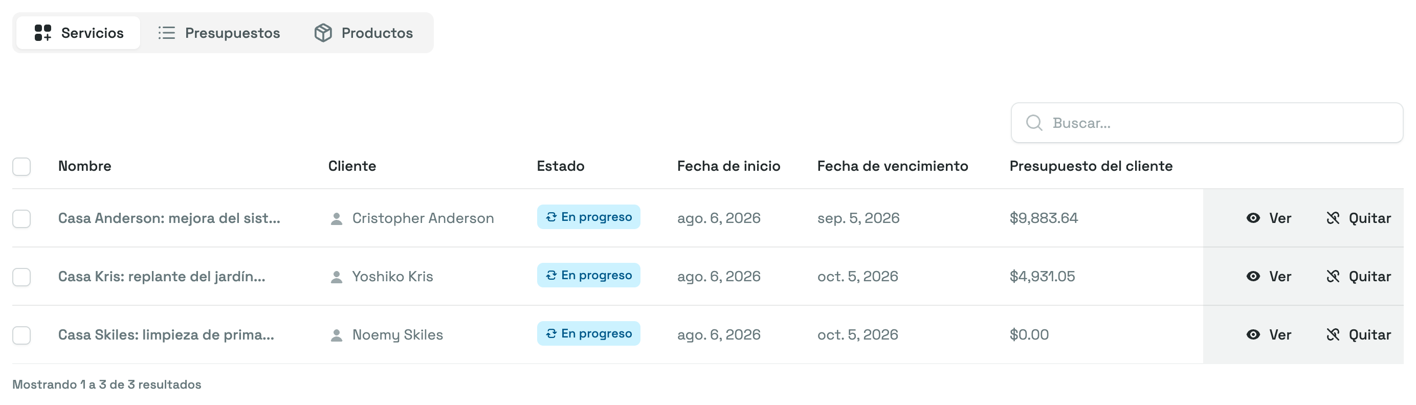 La página de una tarea guardada con la pestaña Servicios seleccionada, mostrando los servicios que usan la tarea
