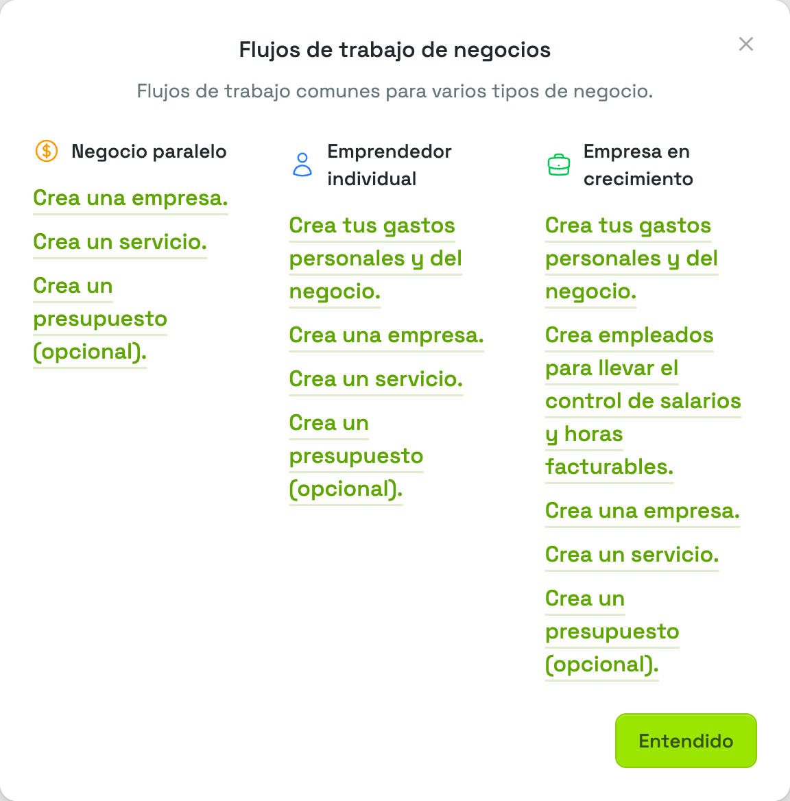 El panel Flujos de trabajo de negocios, con una columna de pasos para Negocio paralelo, Emprendedor individual y Empresa en crecimiento